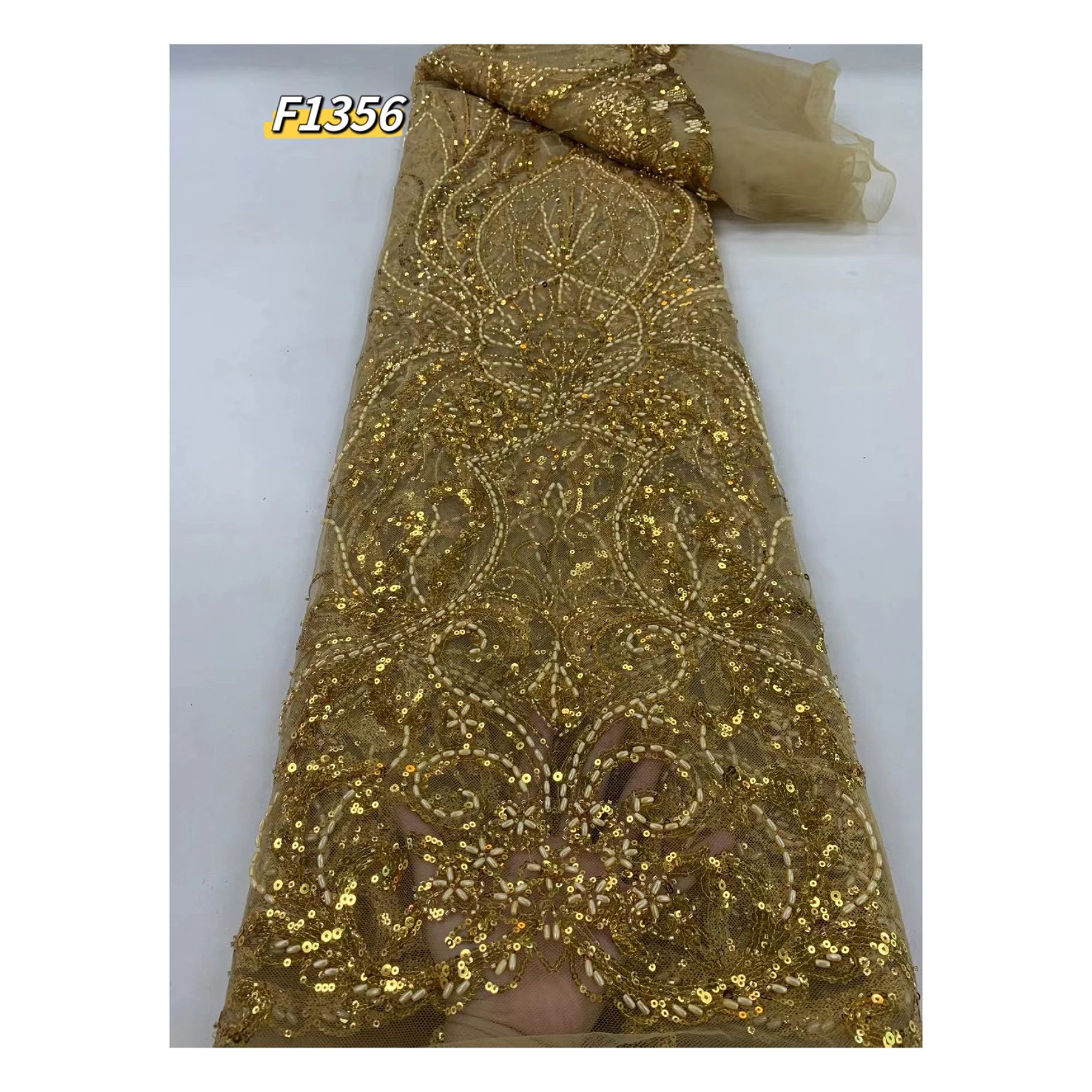 Luxury Handmade Beads Lace Fabric African Beaded Wedding French Net Lace 3D Embroidered Sequins high quality gold rhinestone