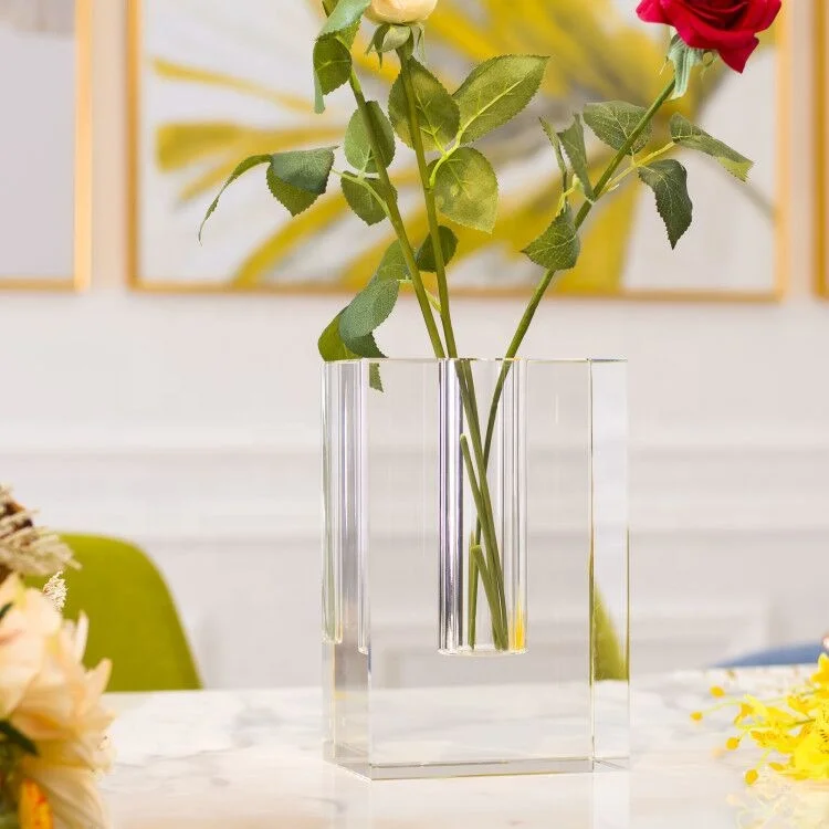pure crystal block flower vase for home hotel restaurant cafe table top decors