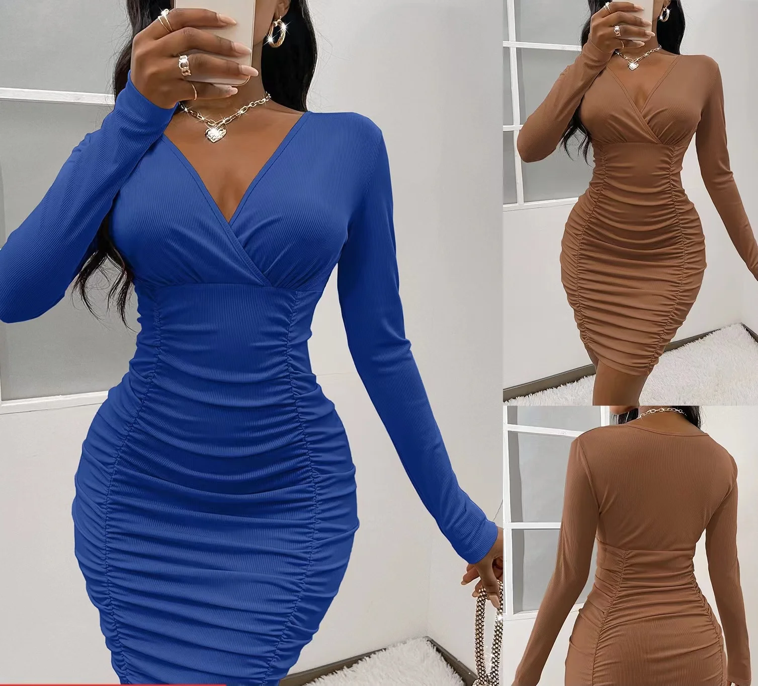 BOBOYU fall and winter dresses for ladies sexy v neck bodycon evening dress knitted solid long sleeve ruched dress party wear