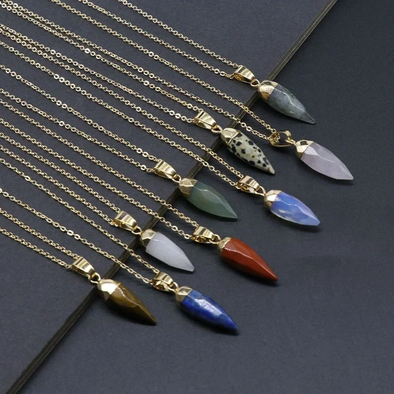 Bullet Shape Gemstone Pendants Necklaces Healing Crystal Point Faceed Pepper Shape Pendant Electroplated Gilt Chain Necklace