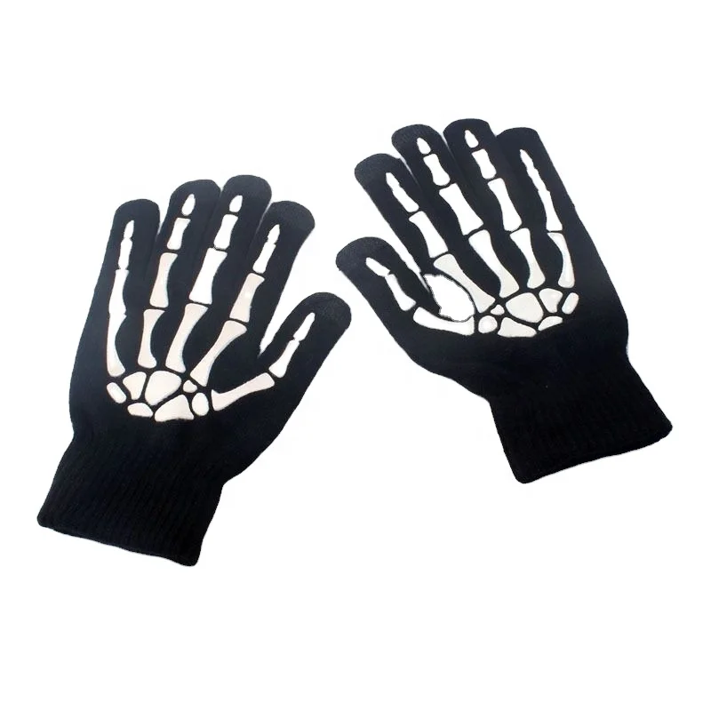 Halloween Full Finger Short Skeleton Gloves Lighting Glow Knit Bone Skull Mittens for Halloween Party