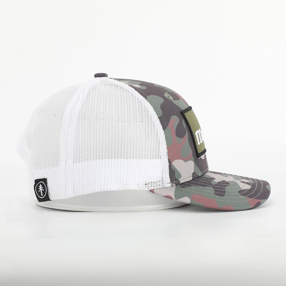 Custom High Quality 6 Panel Pre Curved Brim Embroidery Patch Logo Camo Pattern Mesh Snap Back Richardson 112 Trucker Cap Hat