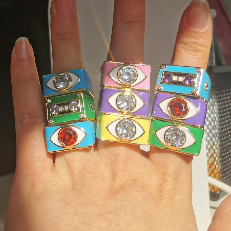 Personalized Y2k Jewelry Women Punk Stack Colorful Enamel Yinyang Cassette Tape Heart Chunky Finger Band Rings Brass Opp Bag