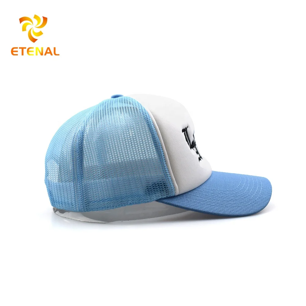 OEM ODM Hat Factory Wholesale Custom Embroidered Logo Mesh Cap Blue White Two Tones Foam Trucker Hats