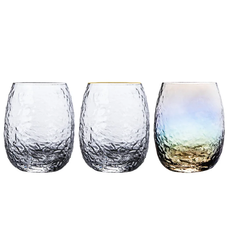 Transparent Hammer Pattern Creative color electroplated glass egg shaped cup Ins Rainbow Crystal Cup Whiskey cocktail glass