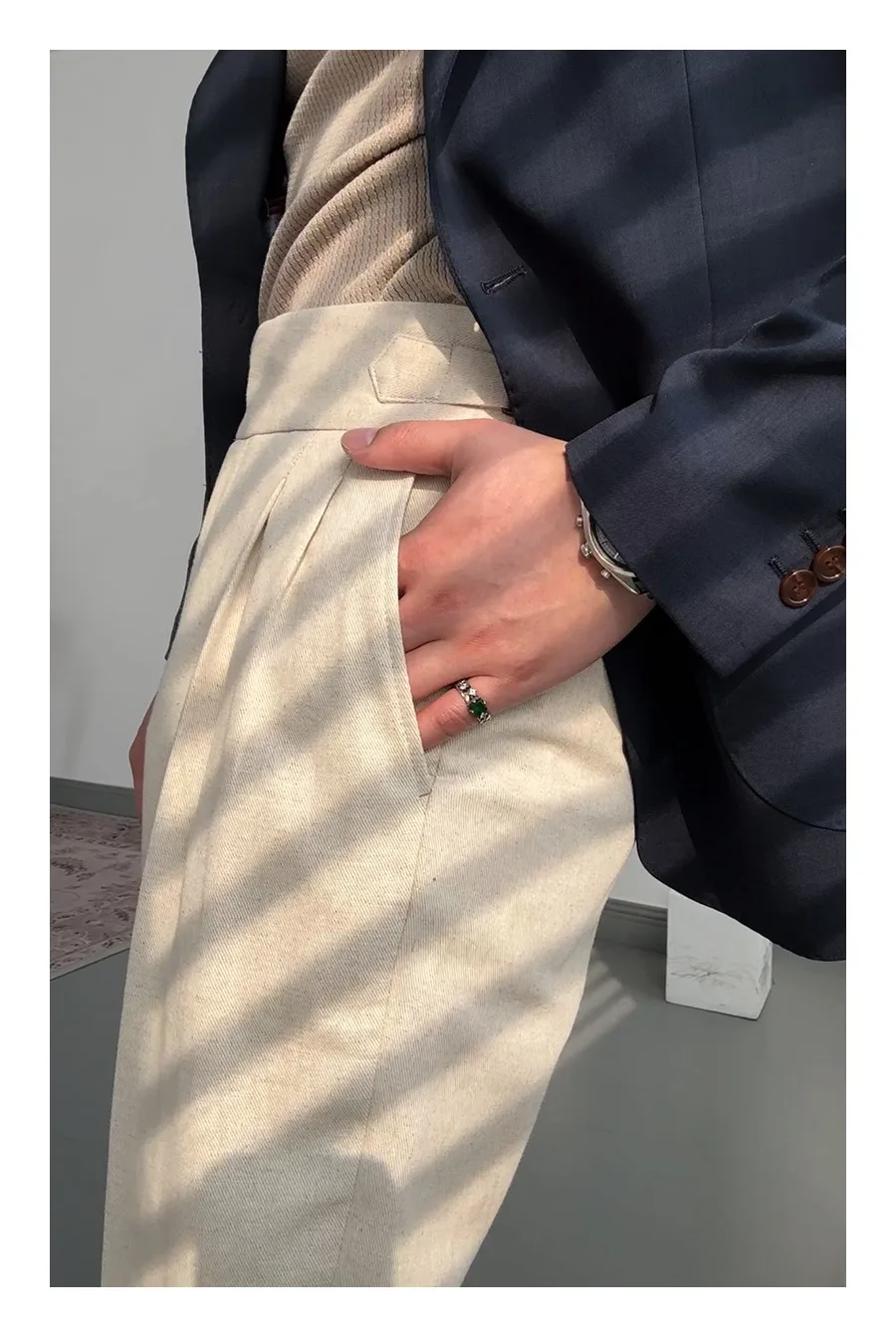 Italian Straight Cotton and Linen Pants Naples High-waisted Vintage Gentry Breathable Casual Pants for Men Spring