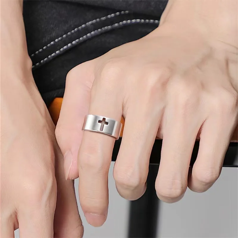 Stainless steel cross design adjustable ring simple gold-plated jewelry ring for women, men engagement gift ring