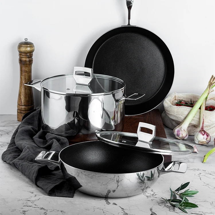 Top Quality Triply Non Stick Frying Saute Pan Set Cookware Stainless Steel Stock Pots Casserole Hotpot