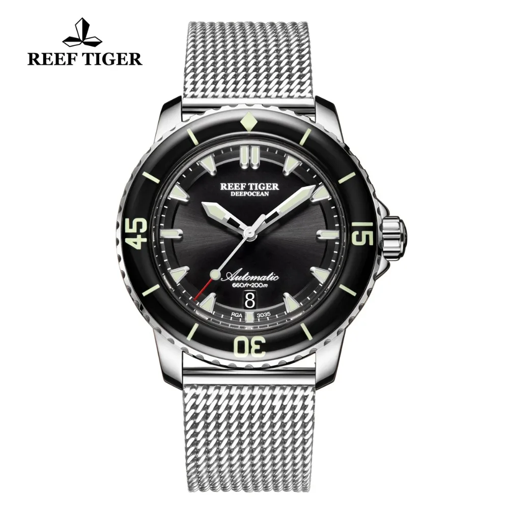 
Reef Tiger Top Brand Mens Mechanical Dive Watches Sapphire Crystal Bracelet Watches Blue Luminous Watch Waterproof RGA3035 