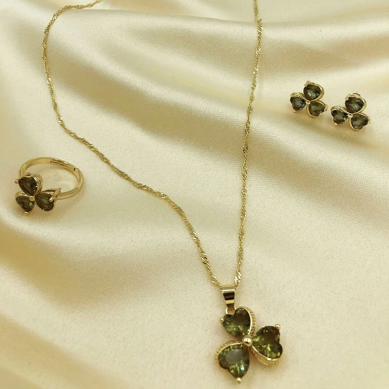 Turkey Imported Sultan Stone Clover Necklace Set Three-piece Set of Color Stone Ring Earrings