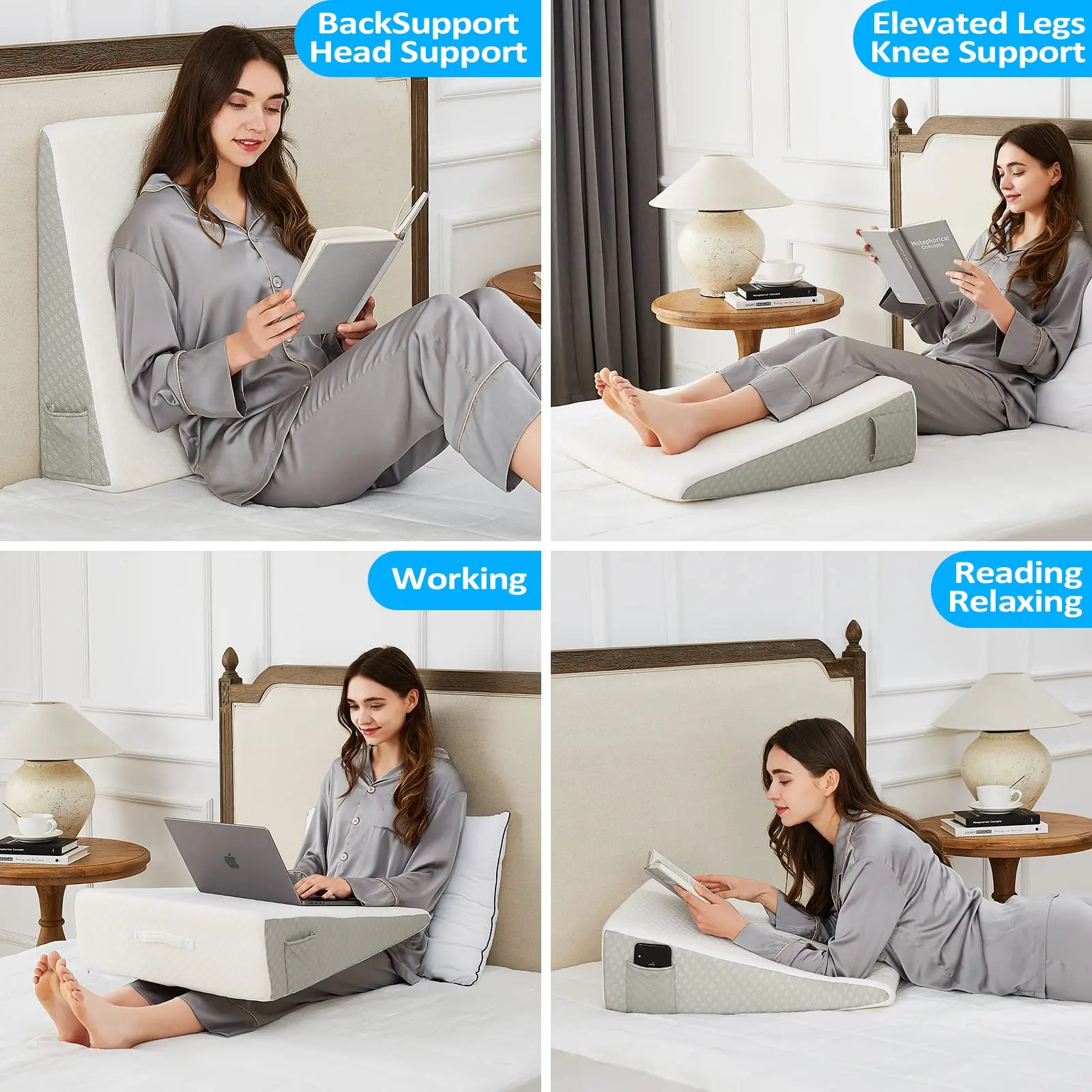 7.5 Inches High Density Leg Elevation Memory Foam Core Gap Filler Pillow Headboard Bed Wedge Pillows with Side Pockets