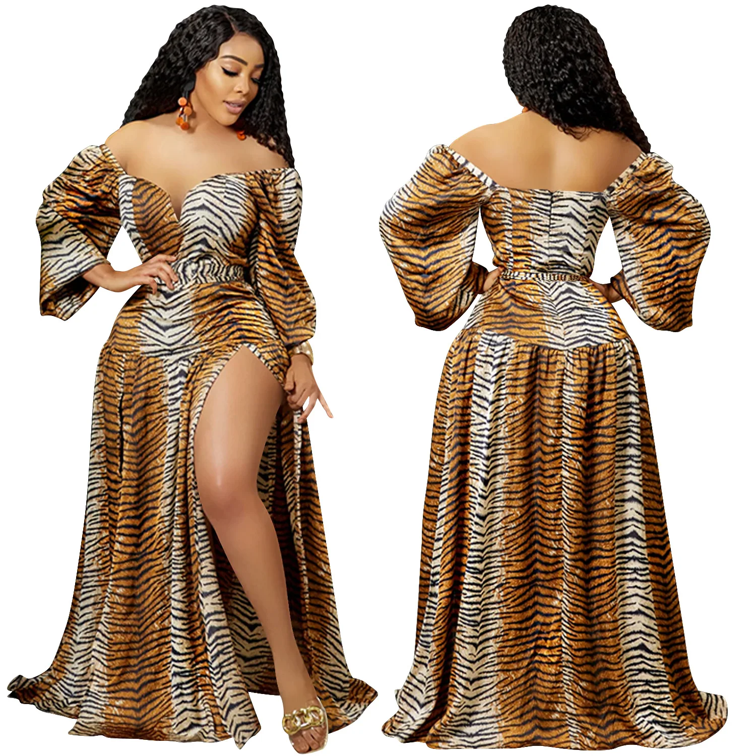 Fall 2022 Women Clothes Off Shoulder Sexy Women Dress Print Maxi Floor-Length Dresses Elegant Vintage Loose Long Sleeve Dress