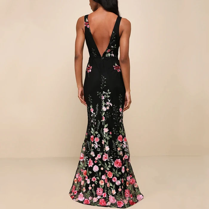Deep V Sleeveless Floral Embroidered Backless Maxi Dress Elegant Mermaid Black Long Prom Dress Black Evening Gown Dress Elegant
