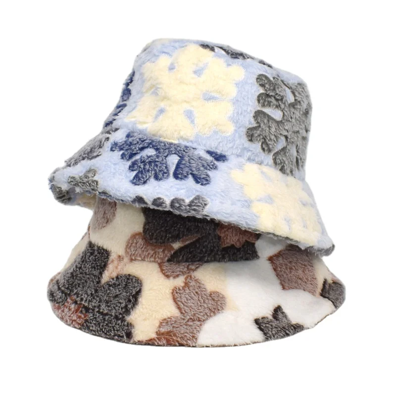 Cute Faux Fur Snowflake Originality Winter Bucket Hat Thickened Soft Warm Panama Fishing Cap Outdoor Vacation Hat