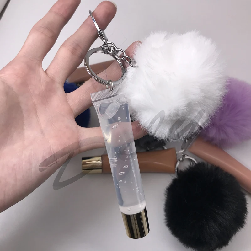 2021 Custom logo Mini Fuzzy Ball clear Lip Gloss Keychain Vendors