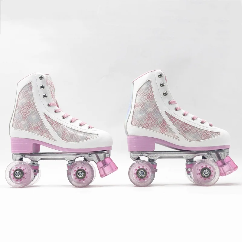 The Rental Quad Roller Skates Brake Head Wholesale Price Four PU Wheels Pink Leather Roller Skate Shoes for Adult