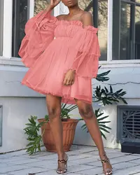 S-5XL Hot Trend Casual Cute Elastic Ruched Bandeau Off the Shoulder Sheer Mesh Layer Flutter Sleeve Tulle Overlay Mini Dress