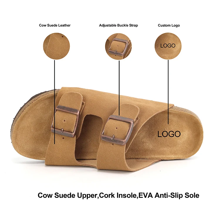 Custom Solid Cork Women Sandals Men Comfortable Sliders Cork Sole Two Buckle Straps Beach Birken Slippers