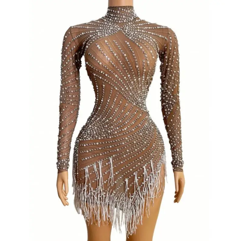 KI349 New Pattern Bodycon Shiny Women Elegant Dress Exotic Dancewear Fringed Mini Pearl Design