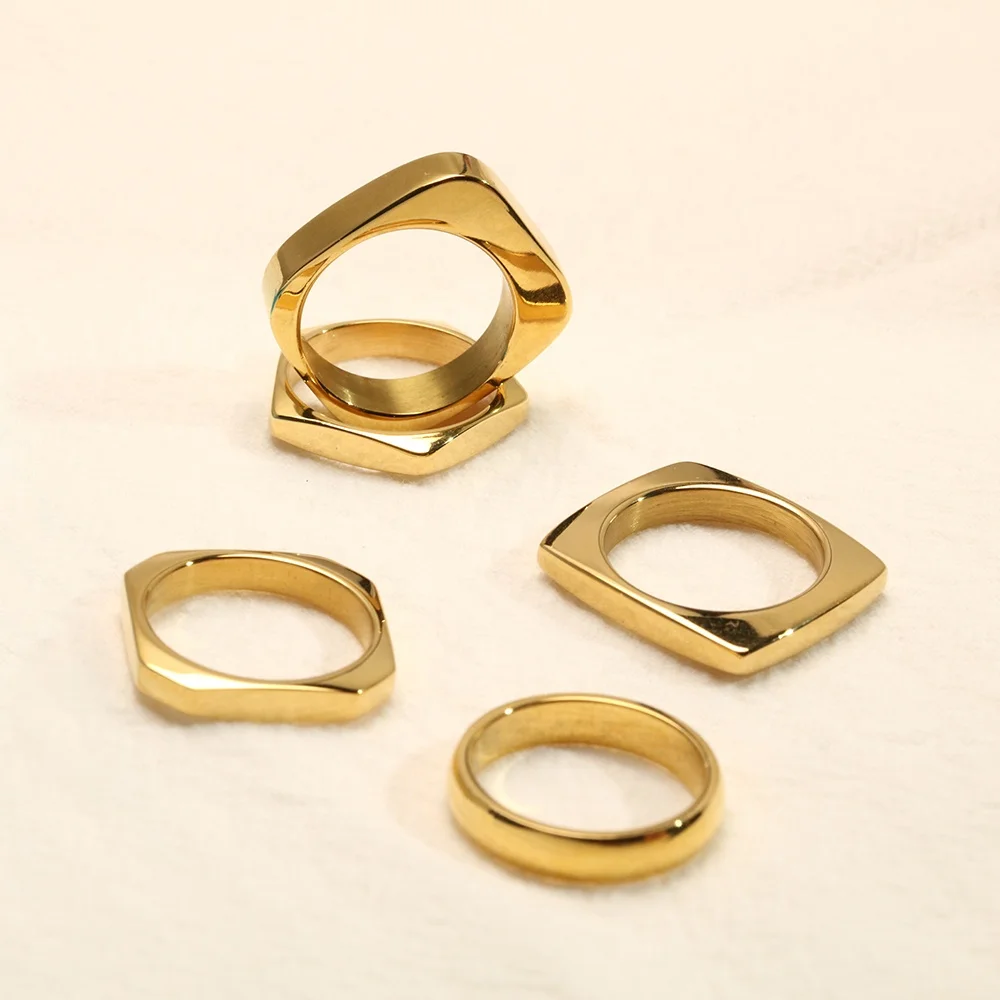 Wholesale Wave Square Good Quality Daily Wearing PVD 18K Gold Plated Hammered Pentagon 316 Stainless Steel Ring Women