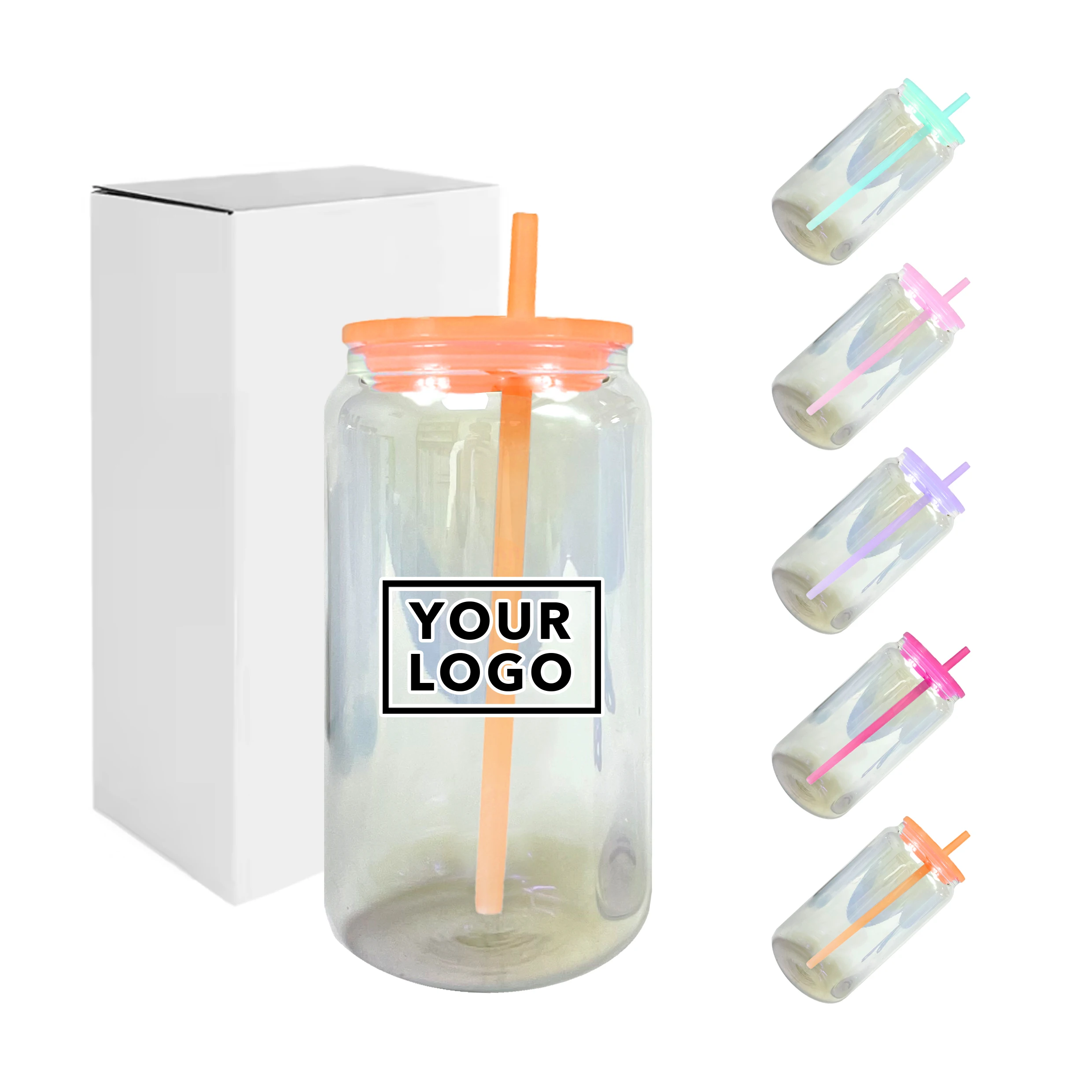 wholesale bulk iridescent rainbow plated blank sublimation with colored lids and straw  Holographic 16oz beer glass can