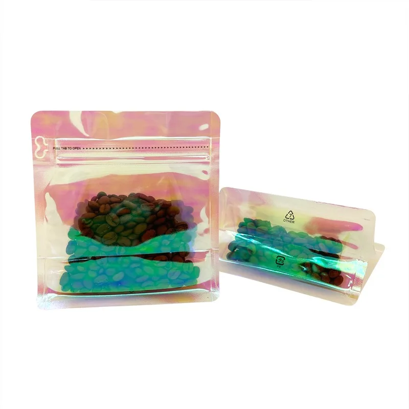 custom stand up large matte coffee bean and tea packaging bag with valve flat bottom pink rainbow holographic zipper coffee bags