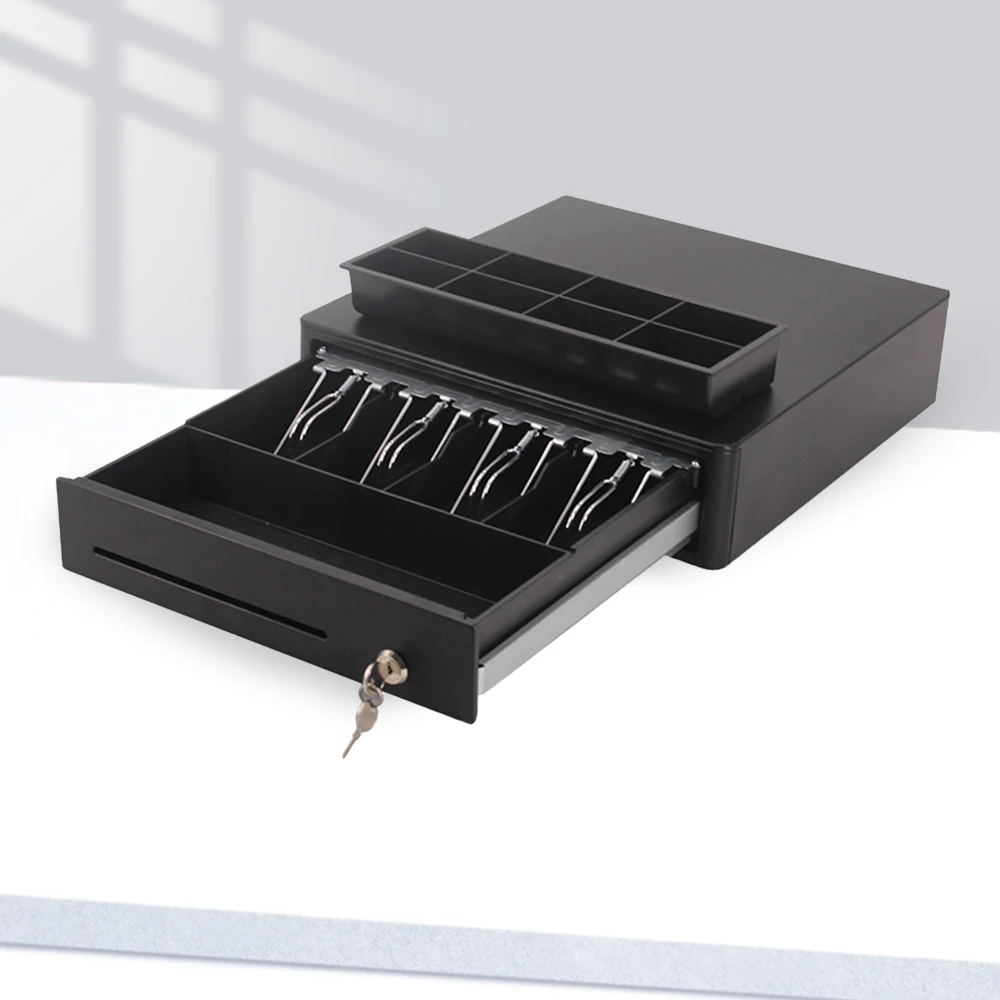 13-Inch Fully Removable 2-Tier Cash Tray 4 Bill/5 Coin 12V/24V Key-Lock Cash Register Drawer with Media Slot for POS Systems