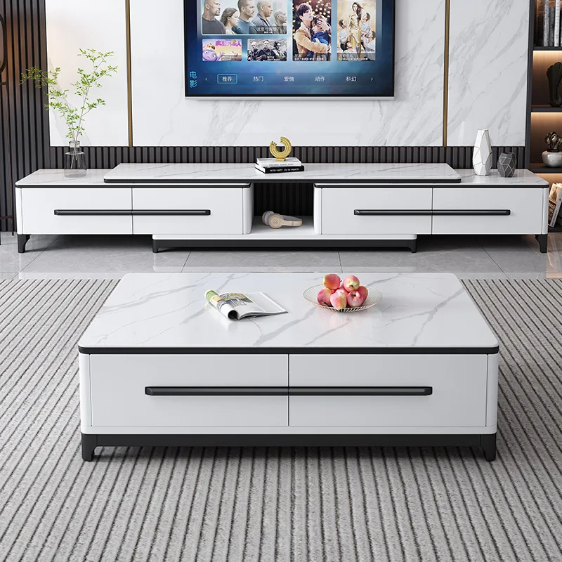 Living Room furniture Simple Design TV Table TV Stand Top Rock Slate Display White Coffee Table with Drawers