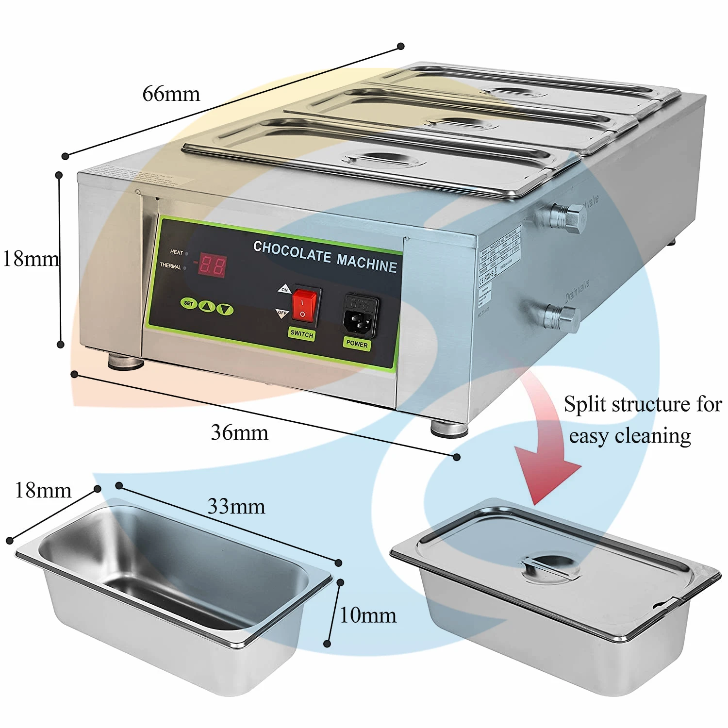 Stainless Steel Commercial Cheese Food Warmer Industrial Chocolate Tempering Machine 3 Tanks Chocolate Melting Pot