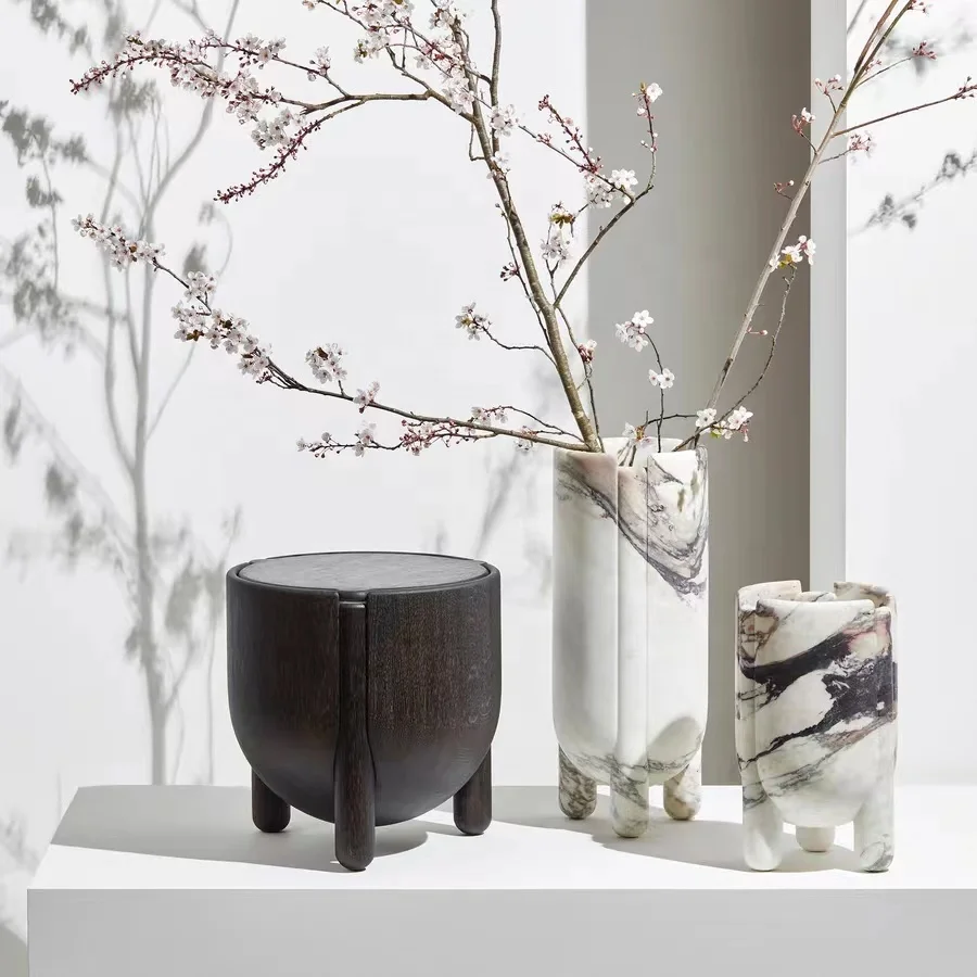 Hand Carved Tall Calacatta Viola Marble Flora Table Vase And Flower Pot Honed Surface