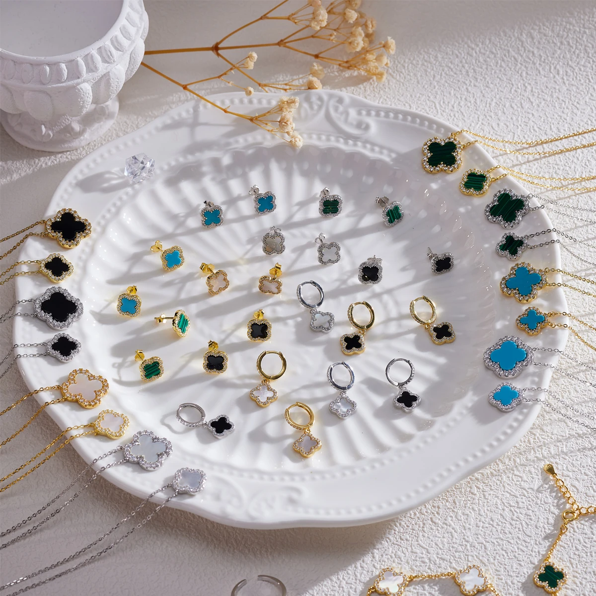 Vana  Four Leaf Clover Bracelet Clover Earrings Necklace 14K Gold Plated 925 Sterling Silver Fine Jewelry Jewelry Sets