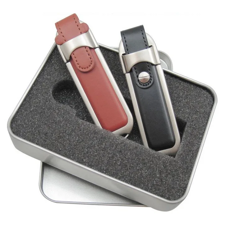 Wholesale customized leather USB Flash memory Disk pen drive with metal frame and tin box for promotions gifts giveaways