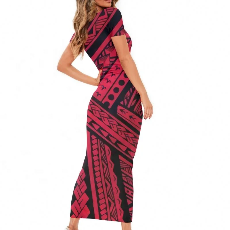 Love Orange Kanaka Maoli Tribal Polynesian Print Women Long Dress With Short Sleeve Match Men Shirts Summer Couple Clothing
