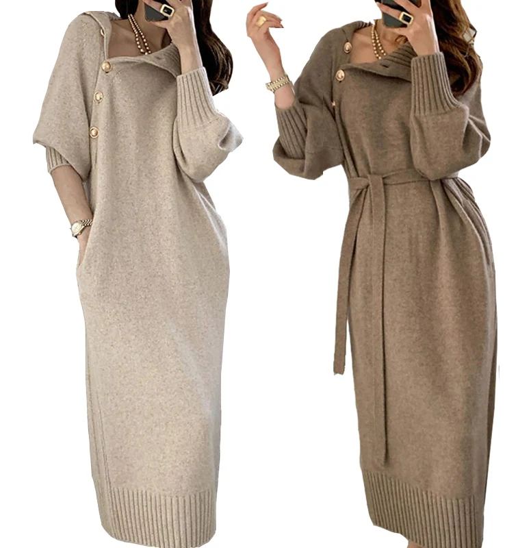 Latest French Design Slim Fit Turtleneck Jersey Long Knitted Dresses Women Lady Elegant Button Down Dress Women