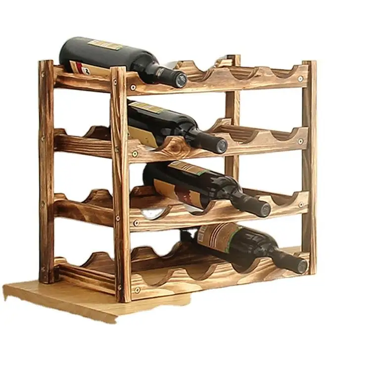 Hot Sales 12 Bottles 8 Slots Holder Storage Decorative Large Solid Wood Display Stand Stackable Countertop Wine Shelf Rack