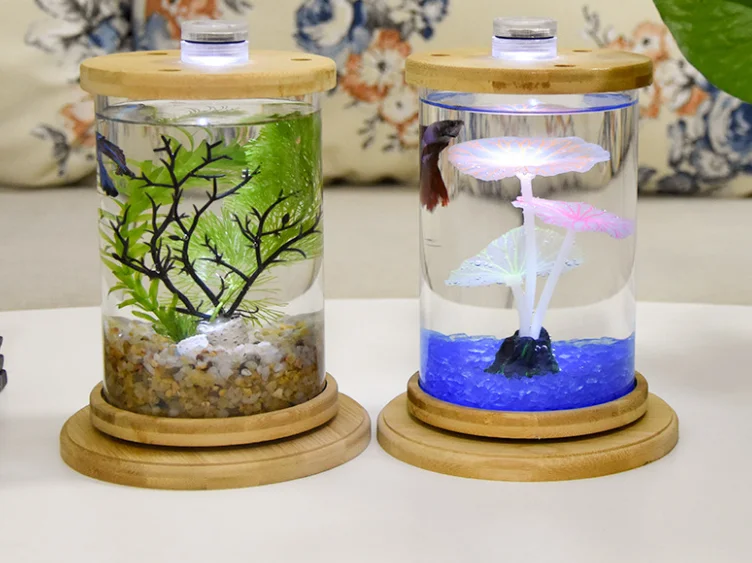 Rotating round fish tank table glass mini betta bottle small light fish tank