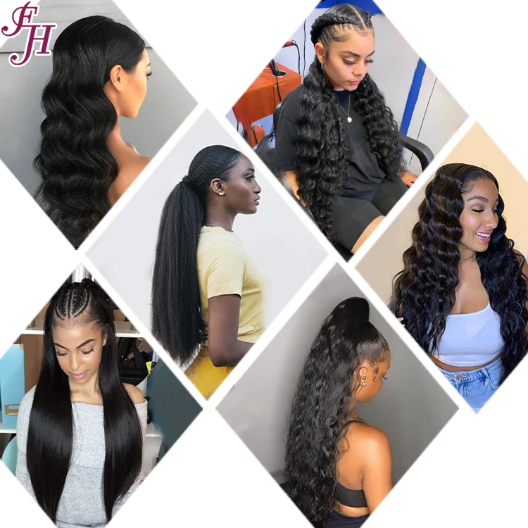 FH vendor clip in half head wigs natural black straight braizilian human hair 3in1 half handtied wig ponytail extension