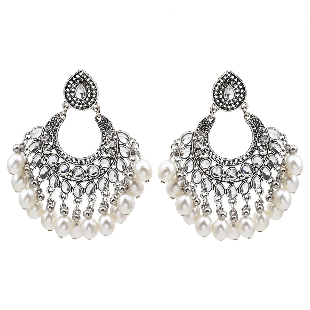 2024 Wholesale Vintage Jewelry Jhumki Bahubali Antique Silver Peacock Multi Color Bead Dangling Earring African Tassels Pearl