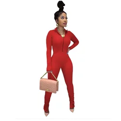 Cheap Fall Ladies Jumpsuit Pants Long Sleeve Solid Color Stacked Pleated Leg Women One Piece Jumpsuit