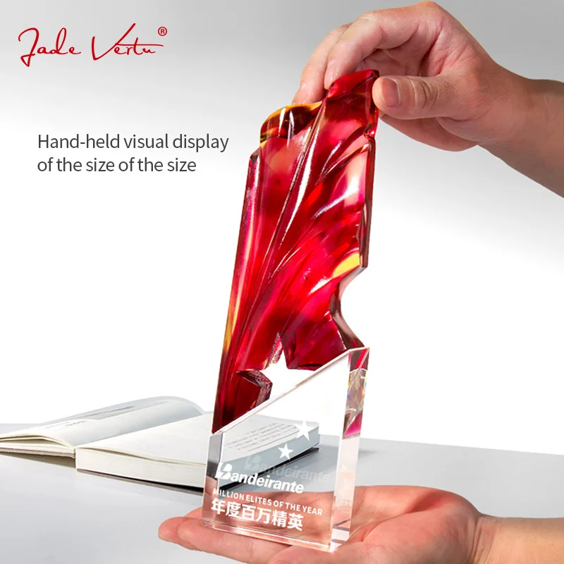 Jadevertu red color trophy Hot Sale Printing k9 crystalTrophy Chinese Supplier Trophy liuli crystal trophies and awards