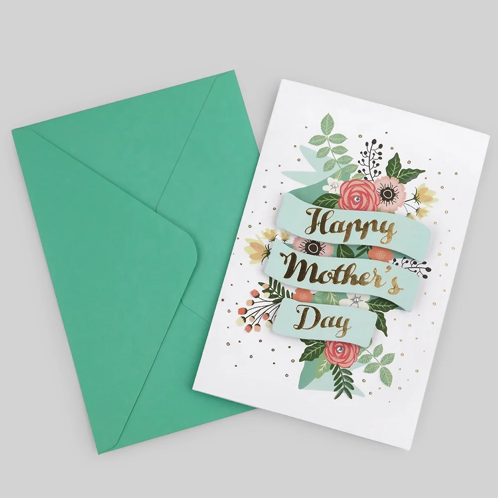 Manufacturer Custom Printing Fold Paper Luxury Gold Foil Gems Flower Handmade Mothers Day Greeting Cards with Envolpe