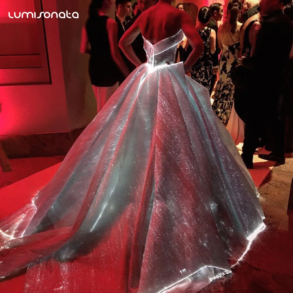 Luxury Women Evening Party Wear Lace Night Lighting Glow in the Dark Light up Luminous Glowing LED Fiber Optic Wedding Dress