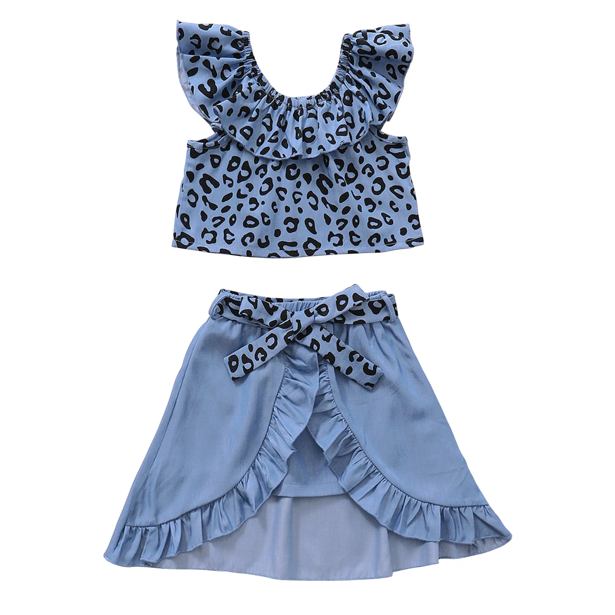 Hot Sale Sleeveless Leopard Top Skirt Suit For Girls