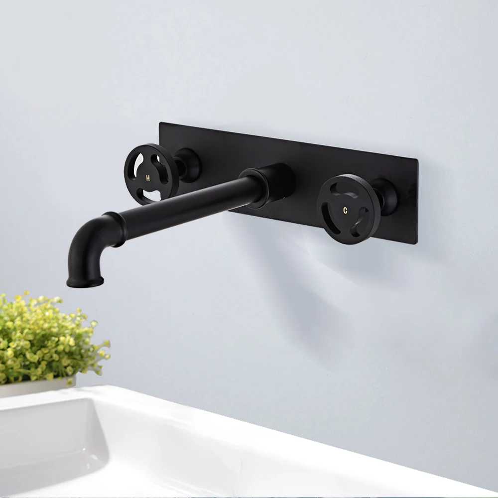 YUNDOOM OEM  Taps Wall Mounted Matte Black Single Brass Concealed Washbasin Water Mixer With Long Spout Bathroom Basin Faucets