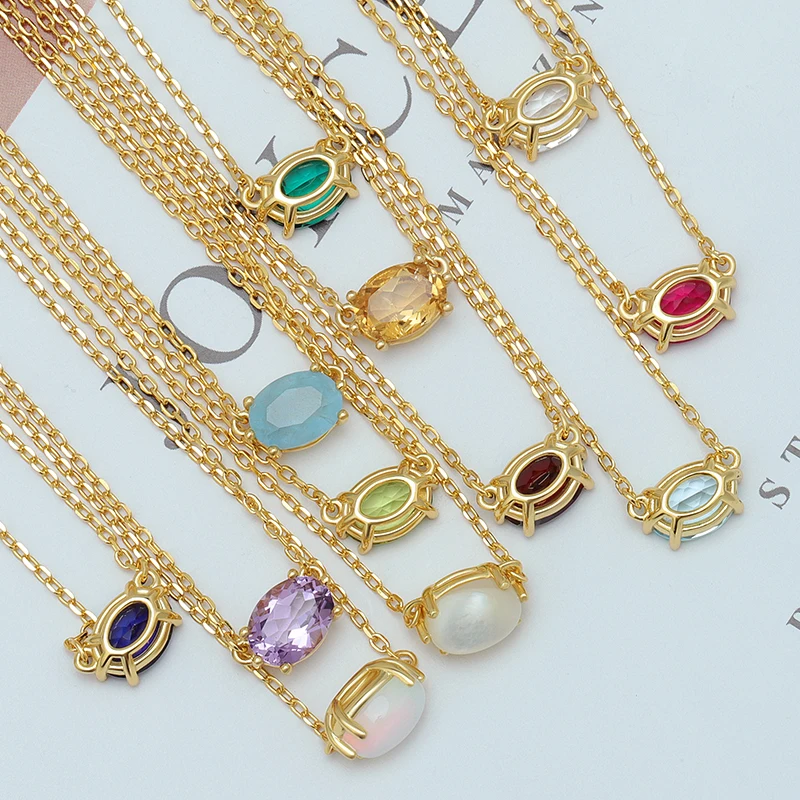 Joacii 925 Sterling Silver Gemstone 12 Zodiac Stones Opal Yellow Citrine Kyanite Sky Blue Crystal 8*6 Egg Shaped  Necklace