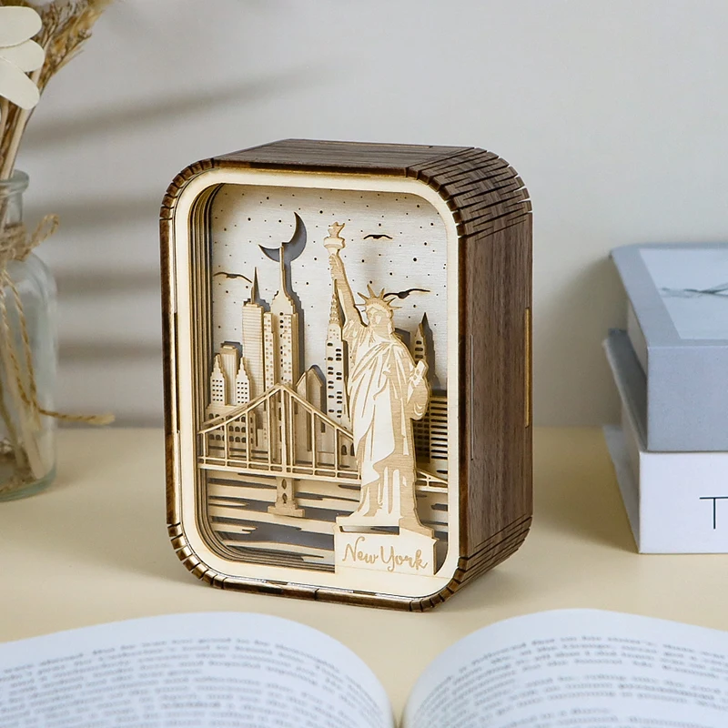 Home Decor Luxury Custom City Landscape Wood Frames LED Night Light Wooden Lighting Desk Lamp 3D Nightlight Christmas Gift Items