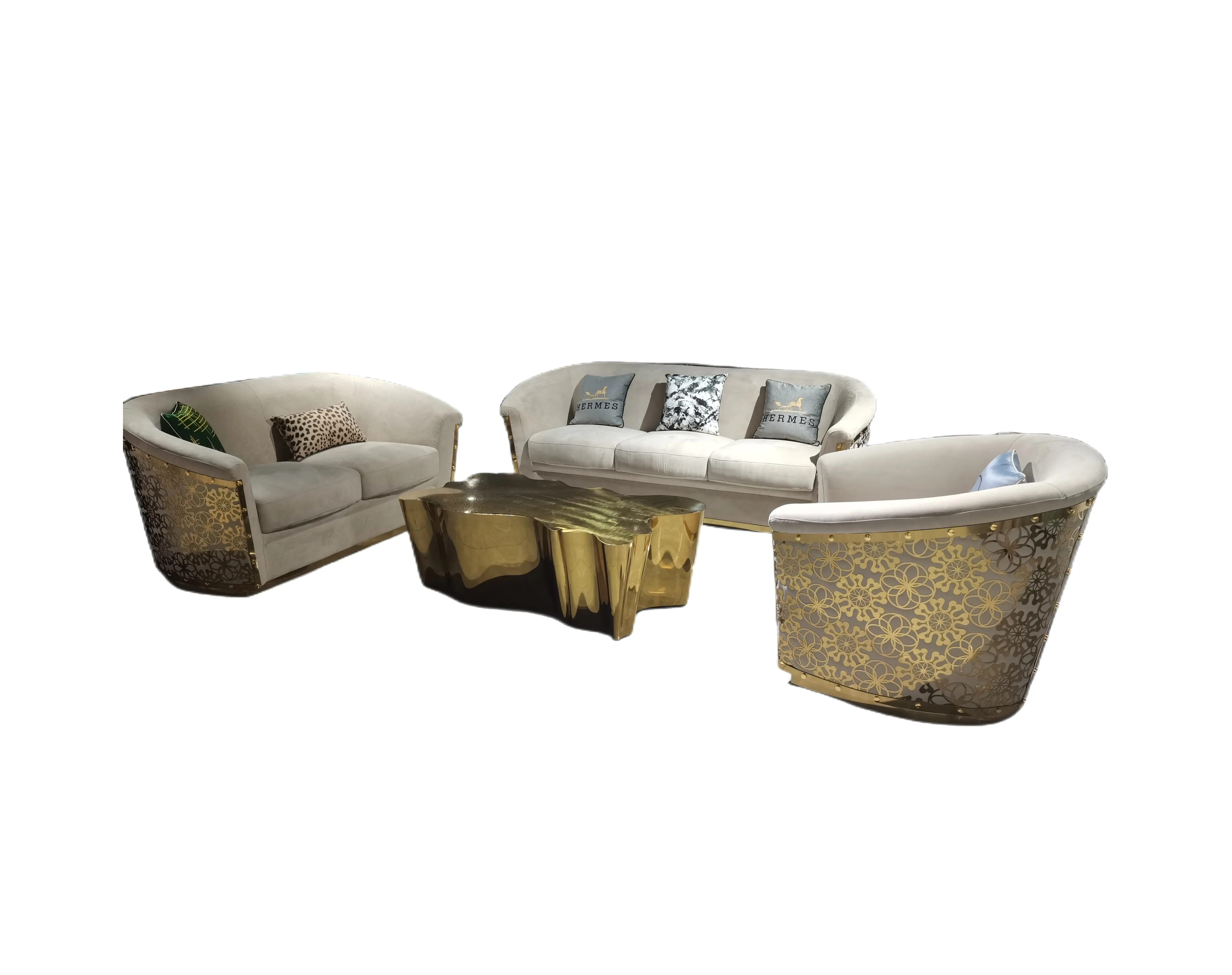 Wholesale  Elegant Luxury Golden Back Sofa Living Room Hotel Sofas Designer Minimalist  Italian  Velvet Fabric Sofa