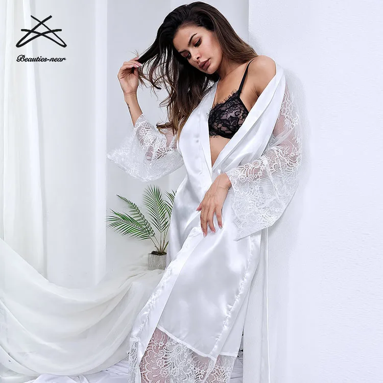 2021 New one piece style long women sexy lingerie plus size sexy pajamas belt lace silk robe lingerie coat nightgowns sleepwear