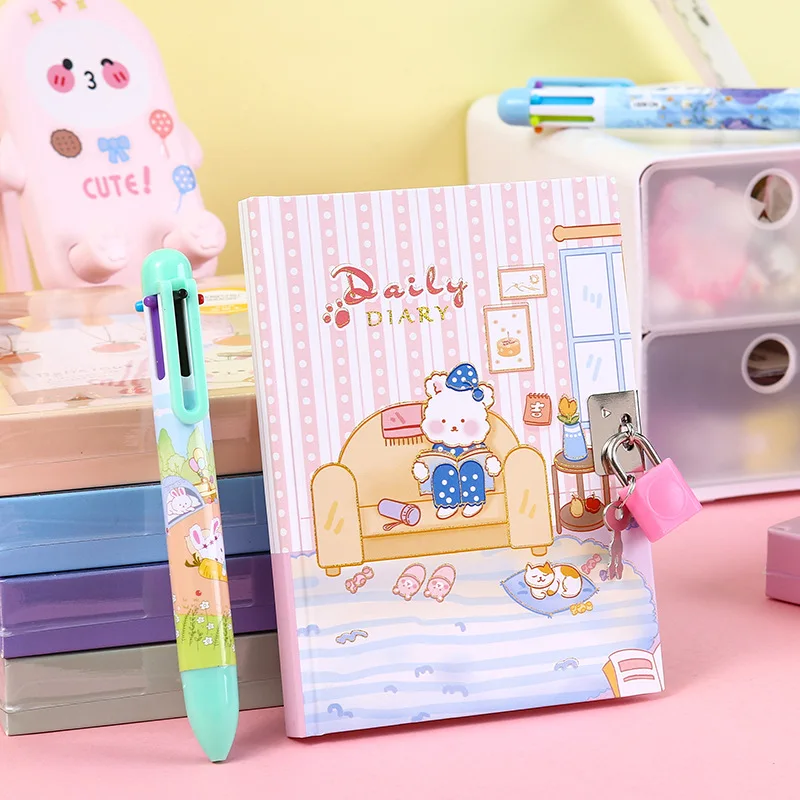 Cartoon diary journal lockable kawaii kids gift set diary children gift notebook with lock key Back to School stationery sets
