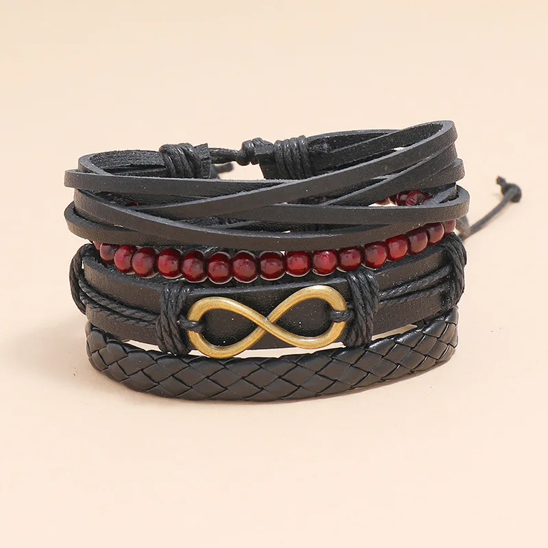 Men Woven Hemp Rope Leather Hand Chain Set Beads products Bracelet bracelet mens accessories